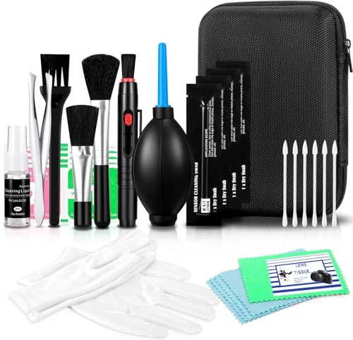 Camera Lens Cleaning Kit - Mirrorless and DSLR Camera Cleaning Kit for Canon, Sony, Nikon, Including Lens Paper/Blower, Cleaning Solution, Cotton swabs, dust Free Cloth, Lens Pen, Cleaning Brush