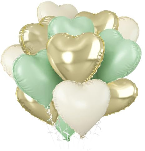 Ballon Coeur Rose Beige Vert Or clair, 12pcs Forme de Coeur Ballons Or, Ballons en Aluminium Coeur Vert, Crème Ballon Coeur Helium pour Anniversaire, Mariage, Engagement, Douche de bébé, Valentine