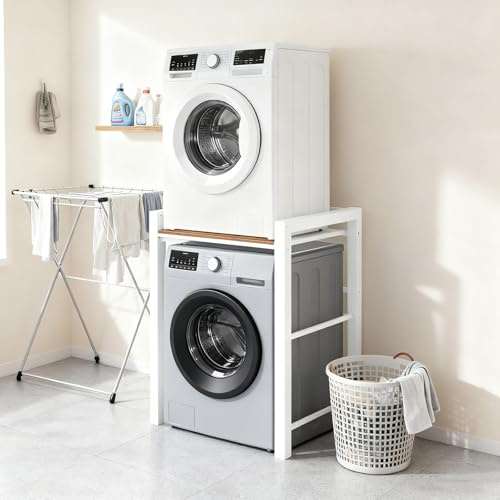 Meuble Machine à Laver et Seche Linge, 3 Réglable en Hauteur, Kit d'empilage pour Lave-Linge et Sèche-Linge à Chargement Frontal, Meuble Machine à Laver, Capacité Charge 300kg (Blanc)