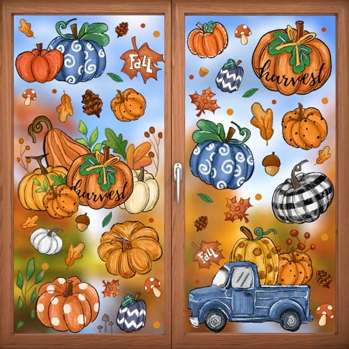 XIMISHOP 6 Blätte Fensterbilder Herbst Selbstklebend, Thanksgiving Herbst Erntedankfest Fenstersticker Fenster Aufkleber Ahornblätter Kürbis Truck Fensterdeko Herbstdeko für Thanksgiving Herbst Deko