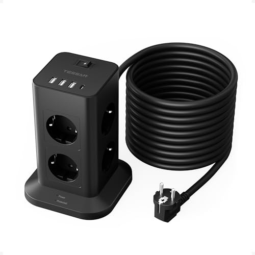 TESSAN Multiprise avec Interrupteur, Rallonge Électrique 10M, Tour Multiprise avec USB C et 3 USB A, Prise Électrique 3600W, Prise Parafoudre et Surtension, pour Bureau Studio Cuisine, Noire