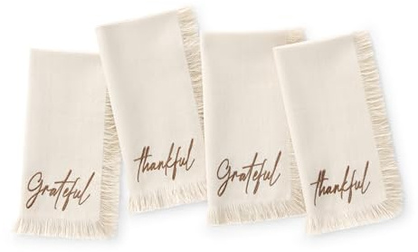 Elrene Home Fashions Fringed Harvest Sentiment Cotton Napkins, Set of 4, 17x17, Natural