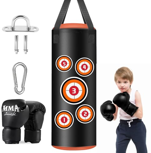 Sac de Frappe Enfant, Set de Sacs de Boxe Suspendus avec Gants, Chaînes et Crochets de Fixation, Sac de Frappe en Cuir Microfibre pour l'entraînement Kickboxing Fitness MMA Grappling Muay Thai Karaté