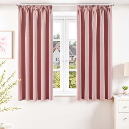 Vangao Gardinen mit Kräuselband Kurz Wohnzimmer H160 x B140cm 2er Set Rosa | Verdunklungsvorhänge für Schienensystem, Thermo Pink Blackout Curtains Vorhänge Verdunkelnd Schlafzimmer Kinderzimmer Fenster
