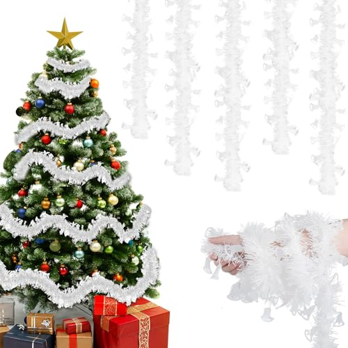 Joxessaien Lametta Weihnachtsbaum 8 Stück × 2M – Weihnachtsgirlande 16M Weihnachtsdeko Lametta Girlande mit Glocken Verziert – Christbaum Deko für Innen & Außen (Weiß)