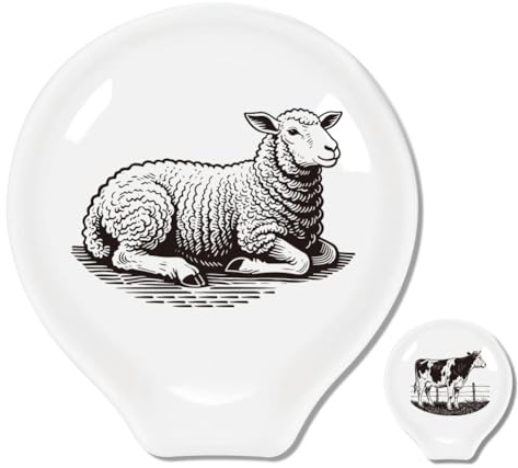 ANATTASOUL 2Pcs Ceramic Coffee Spoon Rest for Stove Top Sheep and Cows Pattern 3.34x3.54 Large Teaspoon Holder, Heat Resistant Porcelain Kitchen Utensils Holder Decorative for Counter Cooking Gifts