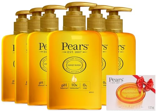 Pears Glycerin Serum Hand Wash + Amber Transparent Soap Bar, 6x250ml + 125g | Moisturising liquid hand wash, transparent amber soap bar, natural oils, gentle daily cleansing