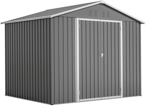 PLLBIKK Casetta per attrezzi in metallo, 8 m³, con porta pieghevole, porta scorrevole e fondazione, 229 x 180 x 191 cm, lamiera d'acciaio zincata, colore: grigio