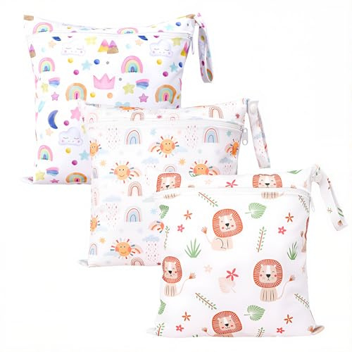 Kaisibum 3 Stück wetbag Kindergarten wasserdichte Windeltasche Große Sonne | Stoffwindeln Nasstaschen,Wickeltasche,Wet Dry Cloth Windeltasche mit Reißverschluss,für Baby Reisen Unterwegs