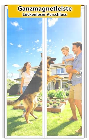 HOFUDON Fliegengitter Balkontür Magnet 100x210cm Weiß Schließt lückenlos | Durchgehender Magnetverschluss ohne Lücken, Fiberglas Reißfest und Wetterfest, 4cm Klettband Oben, Ohne Bohren Insektenschutz