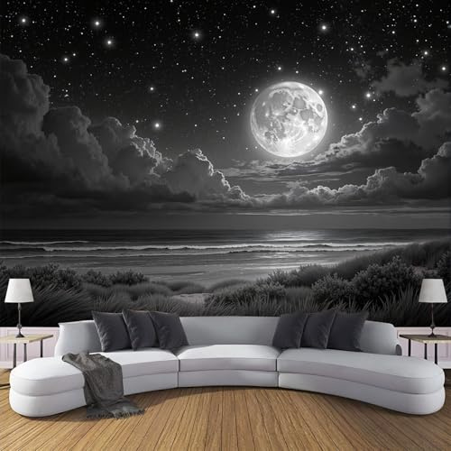 ZISTRCBAO Papier Peint Panoramique Soie Motif Océan De Pleine Lune, Murales Panoramique Paysage De Rêve, Décoration Murale Pour Salon Chambre Restaurant Décoration 250x175cm