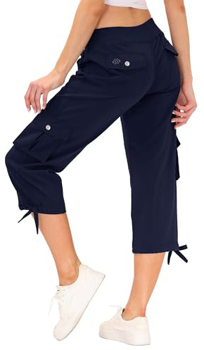 MoFiz Dam, 3/4 byxor, sommar, cargobyxor, vandringsbyxor, mode, capribyxor, ventilerande joggingbyxor, resebyxor, utomhusbyxor med 6 fickor, Marinblå, L