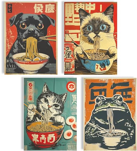 mojoliving Japanische Ramen Poster Tiere Retro Stil Wandbilder Kunstdruck A4 Vintage Illustration Moderne Wanddeko