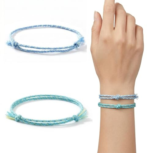 Set 2 Bracciali Amicizia in Corda per Uomo e Donna, Bracciale Surfista Intrecciato a Mano in Cotone, Regolabile, Stile Boho e Nautico per Mare e Estate, Blu e Verde Petrolio