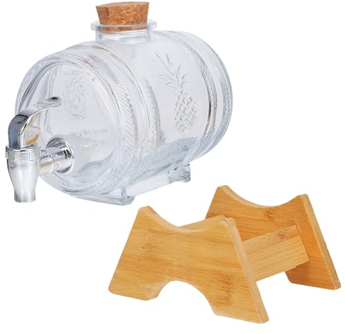 IDEANATEGRATE Dispensador de Vino en Barril de Vidrio de 1kg con Rejilla de Bambú y Grifo, Adecuado para Almacenar y Servir Brandy y Ron en Bodas y Fiestas