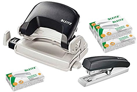 Leitz 5507 Locher und Heftgeraet Bundle verschiedene Farben zur Auswahl (Set + Heftklammern, schwarz)