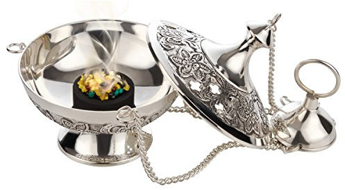 WEIHRAUCH-Geschenk-Set Vatikan mit RÄUCHERFASS aus VERSILBERTEM Messing [Höhe ca. 10 cm, Kette 25 cm] inkl. WEIHRAUCH & Kohle – Handarbeit aus Indien – MaMeMi