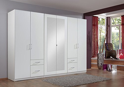 lifestyle4living Kleiderschrank mit Spiegel, Alpin-Weiß, 270 cm | Drehtürenschrank 6-türig mit 4 Schubladen im klassischen Stil