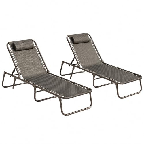 Garden Market Place Set of 2 Luxury Padded Lay Flat Garden Sun Loungers – Brown Tweed Weatherproof Textoline with Adjustable Backrests, 127kg Capacity