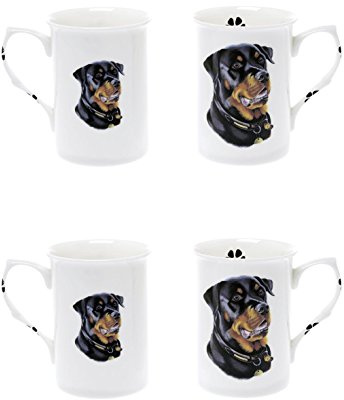 (BB51) Bone China Set of 4 Rottweiler Dog Mugs Presentation Gift Boxed
