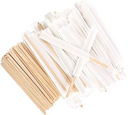 ANTETOK 500 Unidades 140mm con Espesor de 2mm Palitos de Café de Madera Desechables, Paletinas Envueltas Individualmente en Papel, Agitadores de Té o Bebidas(Envueltos).