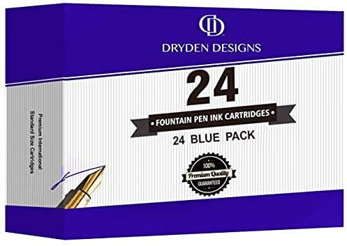 Dryden Designs Fountain Pen Ink Cartridges - Set of 24 Blue Ink CARTRIDGES - Short International Standard Size Disposable and Generic Ink Refill Cartridges - Perfect for Calligraphy
