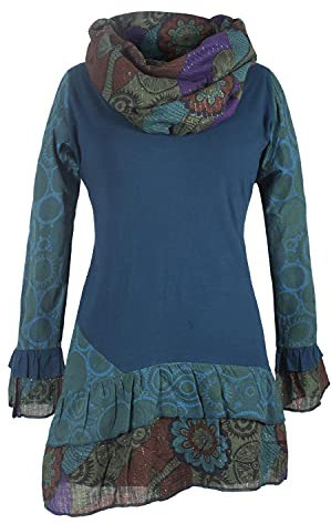 Vishes - Alternative Bekleidung - Damen Langarm Mandala Rüschen-Kleid mit Kapuzenschal türkis 40-42