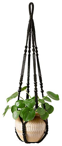 Mkono Percha de macramé para plantas de interior con cuentas de madera, soporte decorativo para macetas sin borlas para interiores y exteriores, decoración bohemia del hogar, 35 pulgadas, color negro