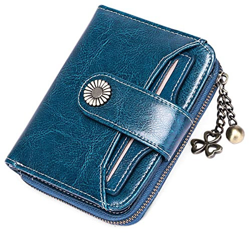 GOIACII Geldbörse für Damen, Leder, klein, RFID-blockierend, zweifach gefaltet, Reißverschluss, Kartenhalter mit Ausweisfenster, A01-Peacock Blue, small, Classic