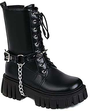 Donna Stringati in Stivaletti retrò Rivetto Catena Pelle Punta Rotonda con Fibbia Platform Stivaletti Gotico Punk Biker Anfibi Stivali,Black Matte,37 EU