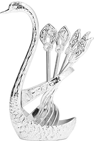 Decorative Swan Base Holder Coffee Spoon Set, Coffee Dessert Spoons Set Stainless Steel Dishwasher Ice Cream Spoons Teaspoons Coffee Dessert Sugar Flatware(Silver)