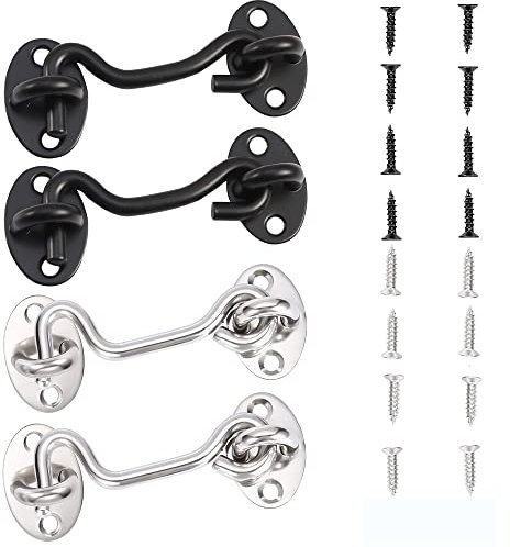 VENGABY 4 Stück Sturmhaken Kabinenhaken mit öSe, Edelstahl TüRhaken Fensterhaken, Sturmhaken für SchwingtüR Holz, FensterläDen Holz,Scheunentor Gartentor Riegel mit Montage (Silver/Schwarz, 3 IN)