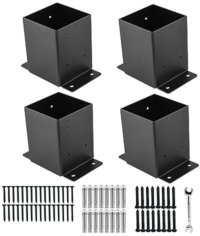 4x4 Post Base, Railing Brackets (Inner Size 3.6x3.6), Black Powder Coated Heavy Thick Steel Fence Anchor for Deck Porch Handrail Railing Fence Plate Pergola Support (4 PCS)
