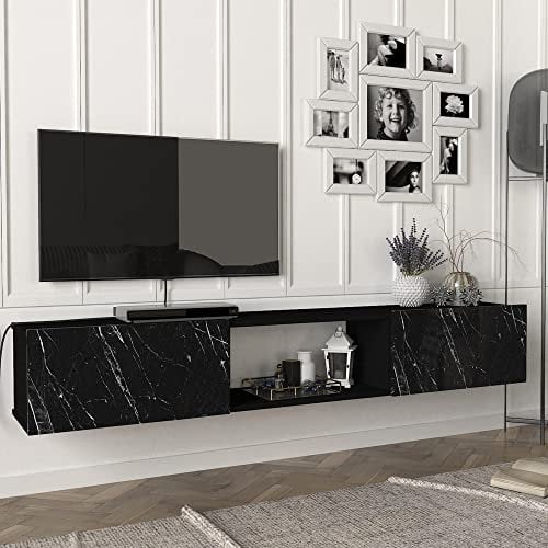 [en.casa] TV Lowboard Paltamo TV Schrank hängend Fernsehschrank 180 x 31 x 30 cm TV Board mit 3 Fächern Fernsehtisch Marmoroptik, schwarz