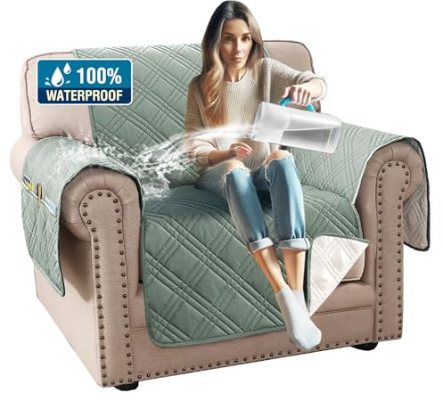 H.VERSAILTEX 100% Waterproof Chair Slipcover Modern Armchair Covers Furniture Protector Cover with Elastic Straps for Pets Kids Children Dog Cat(Chair, Lily Pad/Beige)