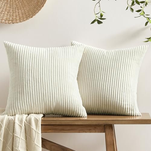 Softalker Kissenbezug 40x40 Beige Weiß Cord weich und flauschig 2er Set mit Streifenmuster Kissenhüllen Sofakissenbezüge Cushion Covers Modern Deko für Sofa Bett Wohnzimmmer Schlafzimmer Weihnachten