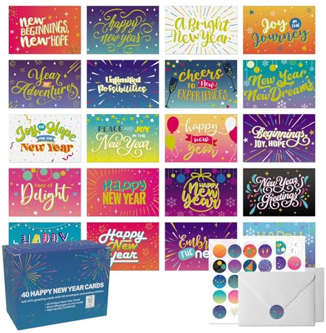 Dessie 40 tarjetas únicas de Año Nuevo en caja con sobres y calcomanías, 4 x 6 pulgadas, caja surtida de tarjetas de felicitación de Año Nuevo, paquete variado a granel