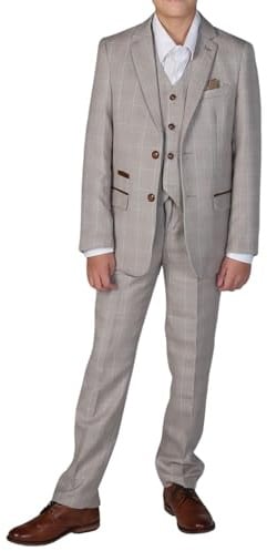 Boys Beige 3 Piece Checked Suit
