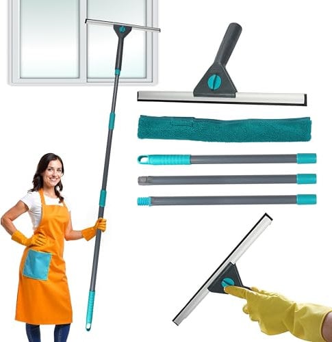 My DIY Extendable Window Cleaner Kit – Telescopic Window Cleaning Pole with Squeegee & Microfiber Head – Streak-Free Glass Cleaning Tool (Extends to 128cm)