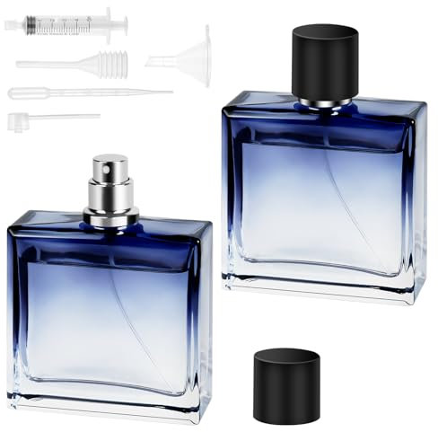 LOPHE Atomizador Perfume de Vidrio, 2 Pcs x 50ml Botella de Perfume Recargable, Portátil Frasco Pequeño para Perfume, Pulverizador Perfume Transparente para Viaje, Azul