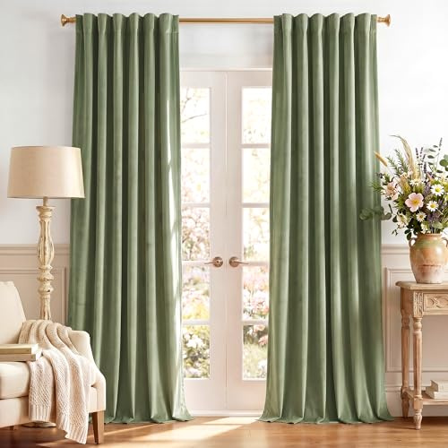 StangH Sage Green Velvet Curtains 94 inches Long Back Tab Soft Thermal Insulated Room Darkening Window Drapes Spring Home Decor for Bedroom Living Room, W52 x L94, 2 Panels