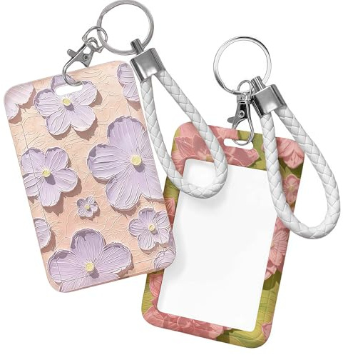 WIKIMO Modische Sliding Ausweishülle mit Band, Ausweishalter mit Einziehbaren Badge Reel Karabiner für Büroangestellte Krankenschwester Lehrer Student (2er-Pack in Lila + Rosa)