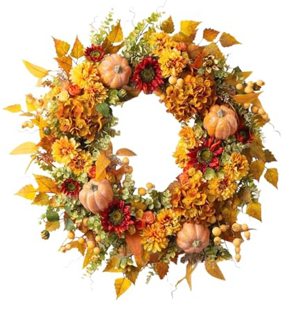 Herbstdeko Türkranz Herbst Dekoration, 45CM Herbstkranz Haustür, Ahornblatt Lotoskapseln Türkranz Herbst Deko Außen, Trockenblumen Kranz Haustür, Tür Herbstdeko Hängend Türkränze für Thanksgiving (I)