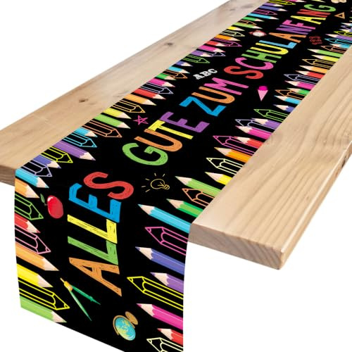 Tischläufer Einschulung Deko 2026 Alles Gute Zum für Kinder 180x40cm | Schwarz Schulanfang Tischband Jungen und Mädchen, Schulkind Girlande Tisch Läufer, Schuleinführung Dekoration, Tischdeko