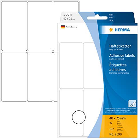 HERMA 2590 Vielzweck-Etiketten, 192 Stück, 40 x 75 mm, 6 pro Bogen, selbstklebend, Haushaltsetiketten zum Beschriften, matt, blanko Papier Klebeetiketten Aufkleber, weiß
