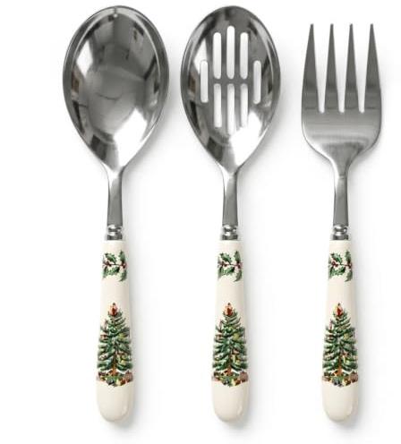 Spode Christmas Tree Collection 3-Piece Cutlery Set, Stainless Steel, Porcelain Handle, Hostess Flatware Serving Set, Holiday Silverware, Meat Fork, Serving Spoon, and Slotted Spoon
