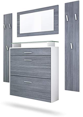 Vladon Garderobe Malea, Garderobenset bestehend aus 1 Hängeschuhschrank, 1 Wandspiegel und 2 Garderobenpaneele, Weiß matt/Avola-Anthrazit