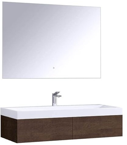 StoneArt Badmöbel-Set mit Mineralguss Waschbecken und Unterschrank und LED Spiegel Touch-Sensor Waschtisch als Einzel- oder Doppelwaschbecken Brugge BU-1210 Eiche dunkel 120cm