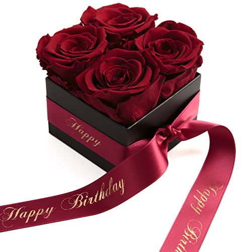 Infinity Rosenbox Happy Birthday - Rosenbox mit infinity Rosen haltbar 3 Jahre - Geburtstagsgeschenk für Frauen (Happy Birthday, Dunkelrot)