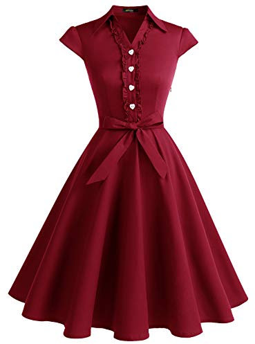 Wedtrend Damen 50er Vintage Retro Rockabilly Swing Kleid Kurzer Ärmel Cocktailkleider WTP10007DarkRedL
